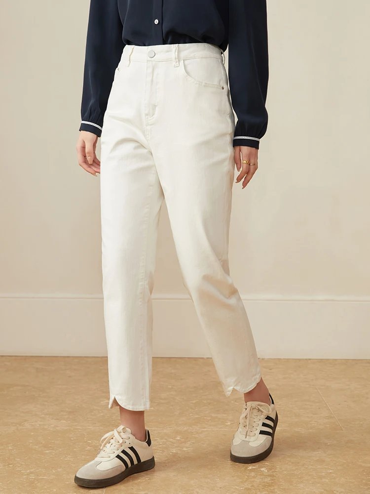 DUSHU High Waist Women Cotton Elastic Denim Jeans Office Lady White Casual All-Match Pants Scrambled Cut 2023 Spring Women Jean