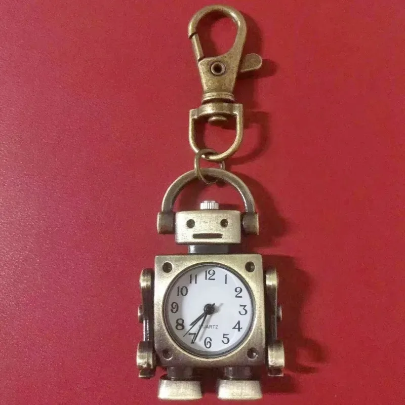 Vintage Robot Shape Arabic Numerals Round Dial Quartz Pocket Watch Pendant Decorated with Cute Keychain Bag Charm for a Party