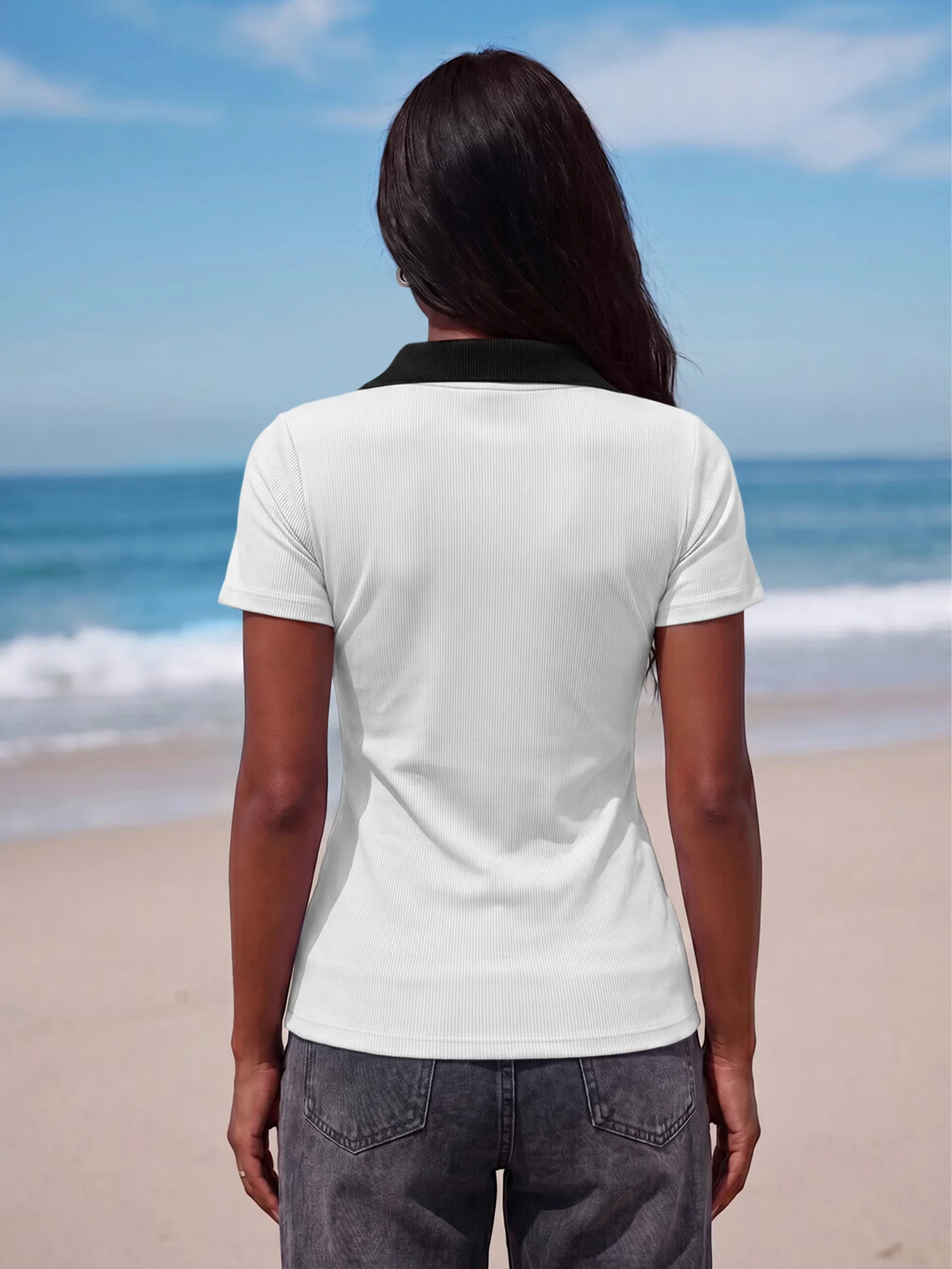 Fashion Going‑out Women Casual Top Short Sleeve Ribbed Polo Tee Color Contrast Collar V‑Neck Slim Knit Tee Trendy Lapel Summer