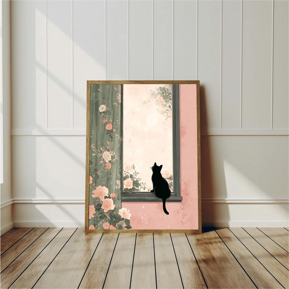 1pc frameless Canvas Painting Japandi Black Cat Poster Minimalist Asian Cat Prints Canvas Painting Minimalist Japanese Wall Art