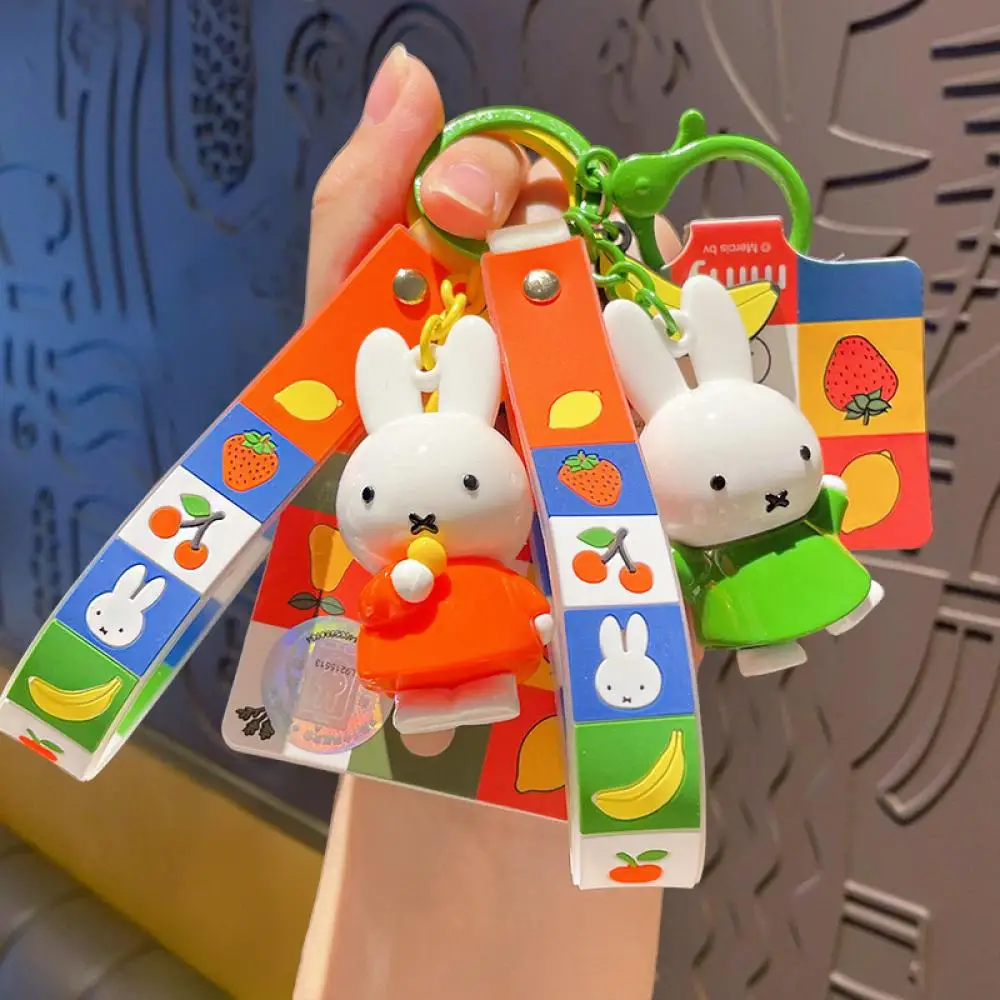 Miffy Rabbit Keychain Set Multi-color Fruit Pattern Plastic Key Ring With Lanyard Portable Bag Pendant For Keys Bags Phone Acces