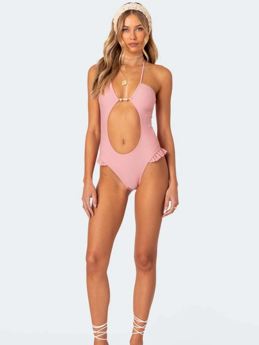 2025 Summer Solid One-Piece Bikini Sexy Tie-Front Triangle Backless Swimsuit Women's Tight Bathing Suit Women Swim Bodysuit New