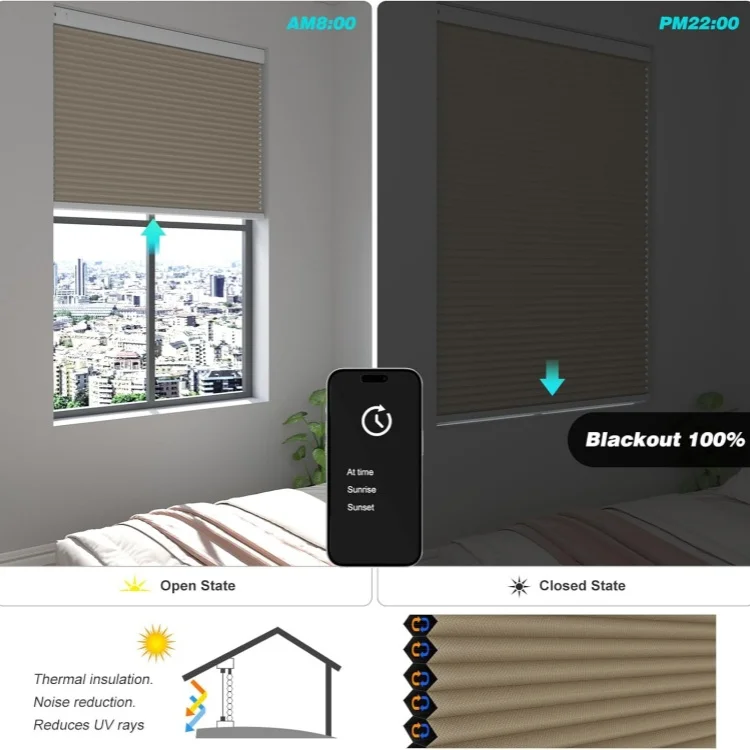 Modern Honeycomb Blinds Remote Control Smart Cordless Honeycomb Blind WiFi Control Motorized Cellular Shades Energy Efficient