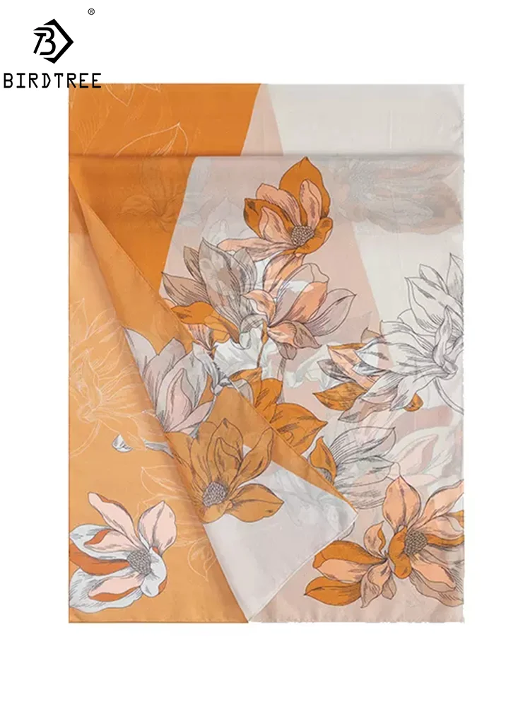 

Birdtree, 100%Mulberry Slik Elegant Shawls, 180cm Women Floral Print, Gifts Original Design Scarf, Summer Autumn New A46277QM