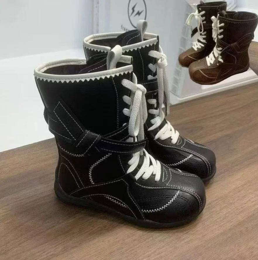 

Осенние новые детские модные сапоги до середины икры, корейское издание, кроссовки принцессы на мягкой подошве для девочек, кружевная нескользящая обувь в стиле ретро