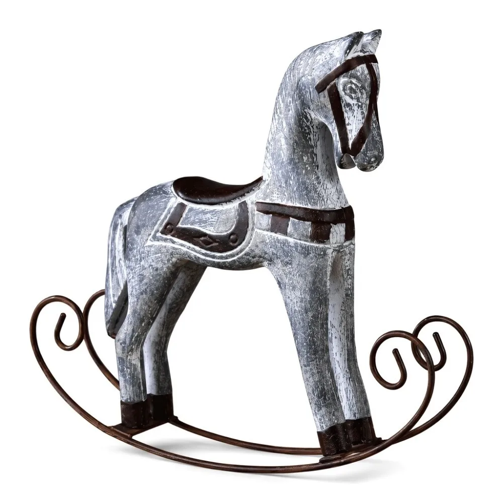 Pine Hand Carved Wooden Wobble Decor White, Blue, Grey Horse Hand Painted Timber Ornament 9.06in Children Wooden Tabletop Craft