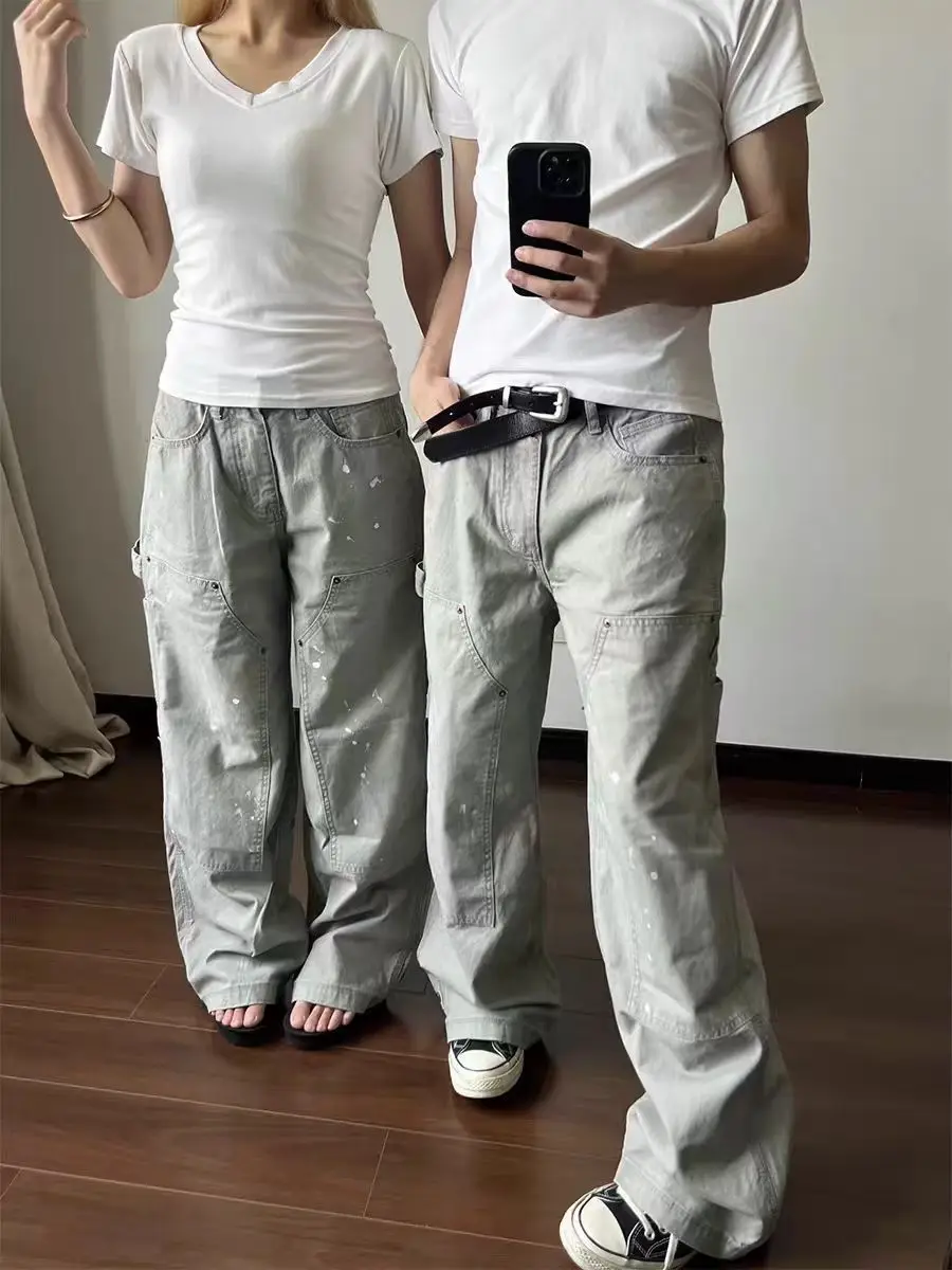 Men's Irregular Splashing Ink Vintage Casual Pants Boys Summer Bottom Wide Legs Sweatpants Male High Waist Unisex Baggy Trousers