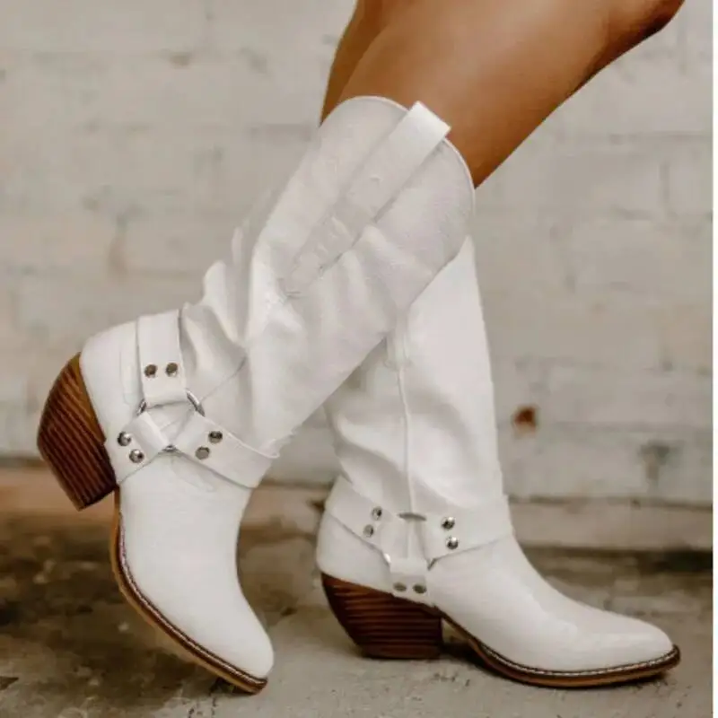 

White Western Boots Chunky Heels Pointed Toe Cow Women's Mid Calf Cowboy Boots Slip On Shoes