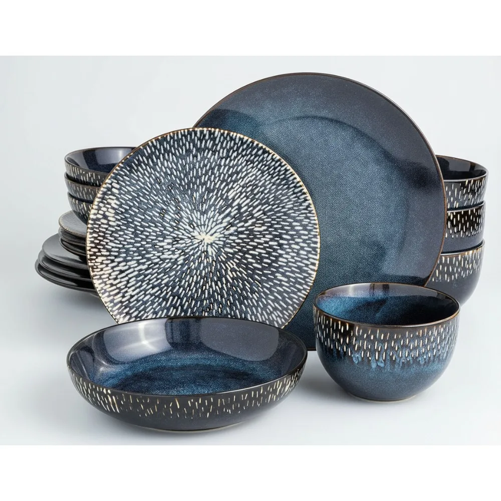 

16-Piece Stoneware Dinnerware Set - Reactive Glaze Blue Plates & Bowls for 4, Microwave & Dishwasher Safe
