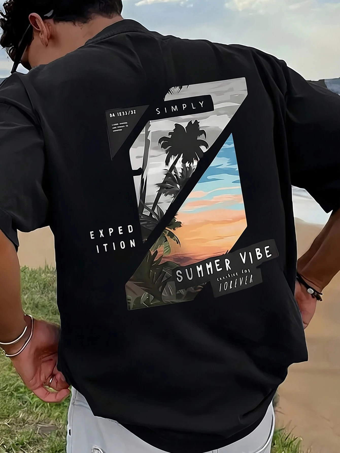 2026 New Parent‑Child Matching Oversize T‑Shirt Summer Beach Palm Tree Geometric Patch Back Print Vacation Streetwear Cotton Tee