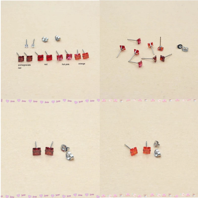 5mm Square Orange Pomegranate Zircon Stainless Steel Stud Earrings for Men And Women Simple Brief Style Jewelry Accessory