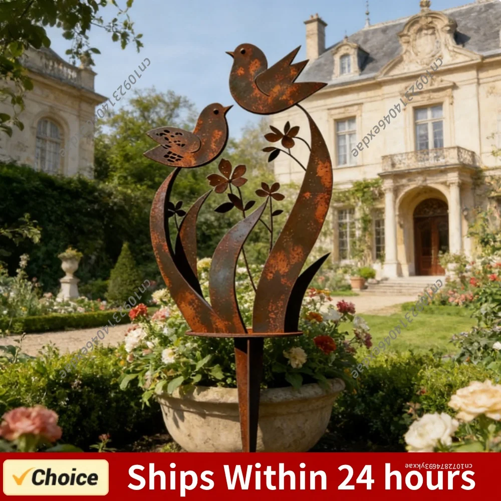 Rustic Metal Bird With Wildflower Ground Insert Garden Stake Vintage Rusty Finish Outdoor Yard Decor For Home Garden Landscaping