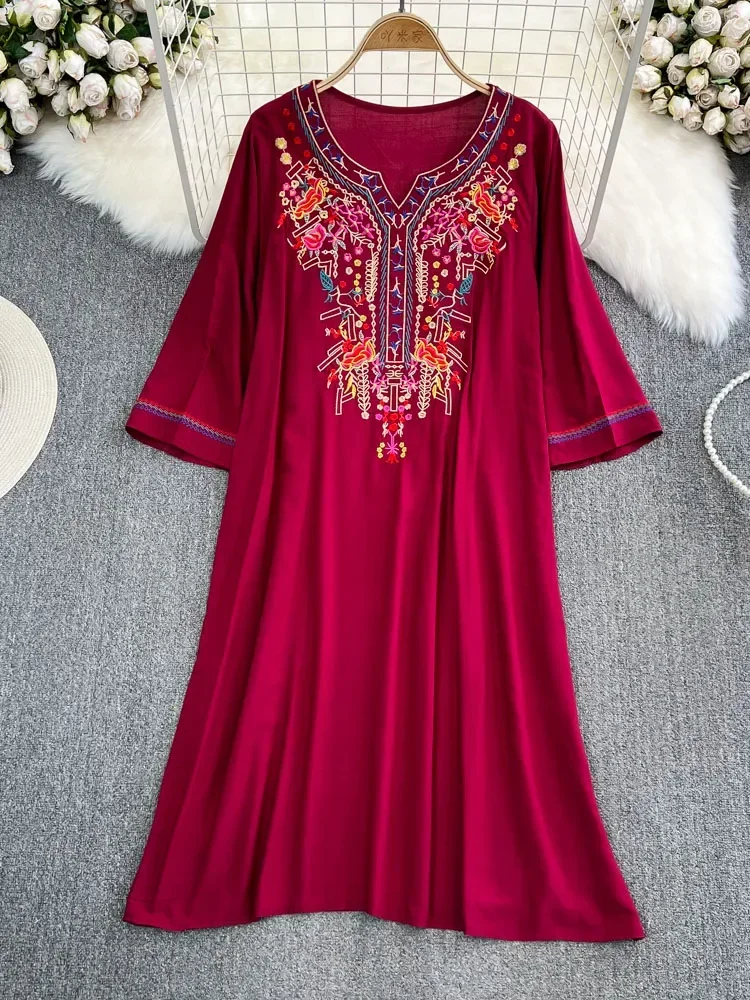 Women Summer Dress Vintage Bohemian Ethnic Style Embroidery Exotic Style Long Sleeve V-Neck Loose Elegant A-line Dress D5039