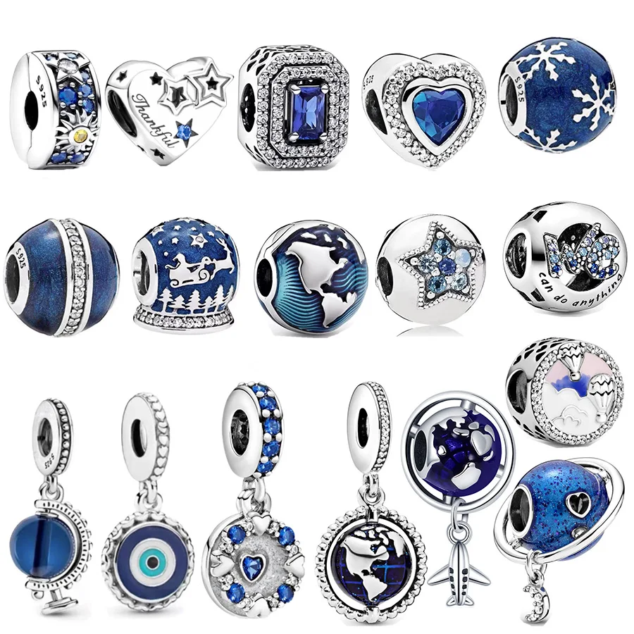 Hot Sale Sparkling Blue Heart & Spinning Globe Dangle Charms Beads Fit Original 925 Sterling Silver Pandora Bracele Jewelry Gift