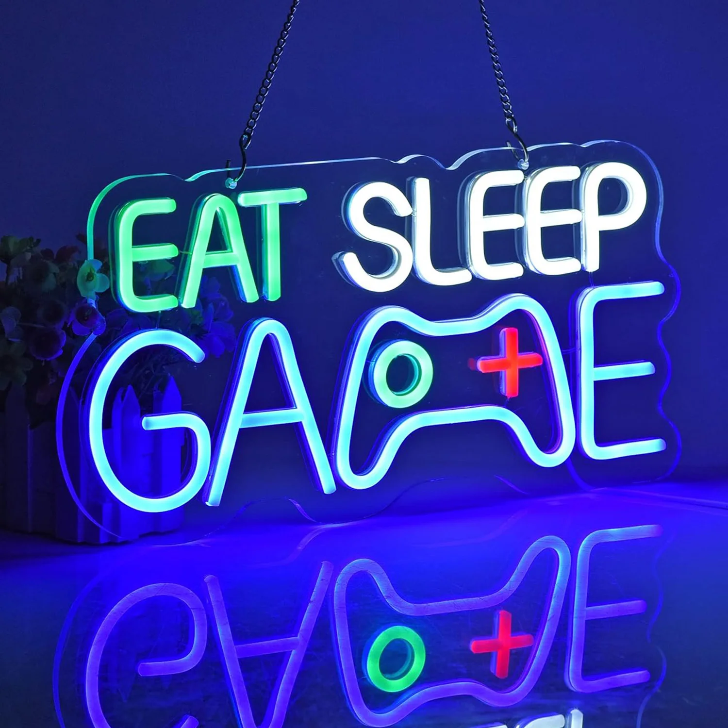 يتميز ضوء النيون في غرفة الألعاب بتصميم رائع وحيوي، مثالي لتزيين إعدادات الألعاب أو المناطق الترفيهية. فكرة