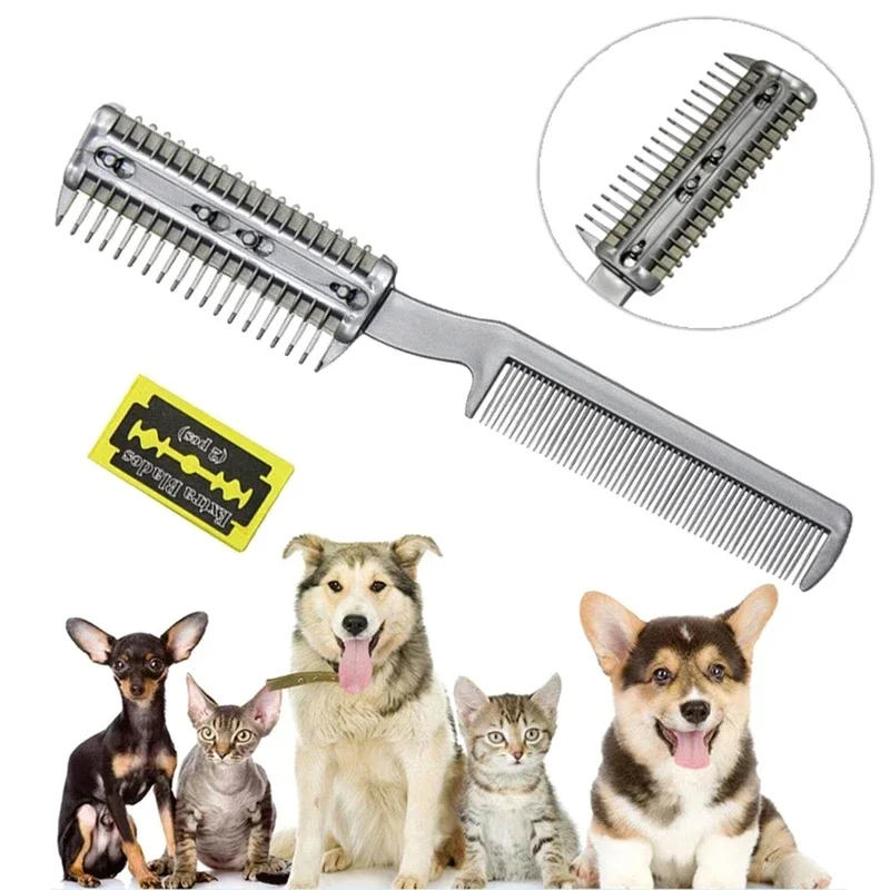 Peine de afeitar profesional 2 en 1 para el cuidado de mascotas, recortador de plástico para perros y gatos con 2 uds de cuchillas de Metal para un cuidado seguro, suministros para mascotas