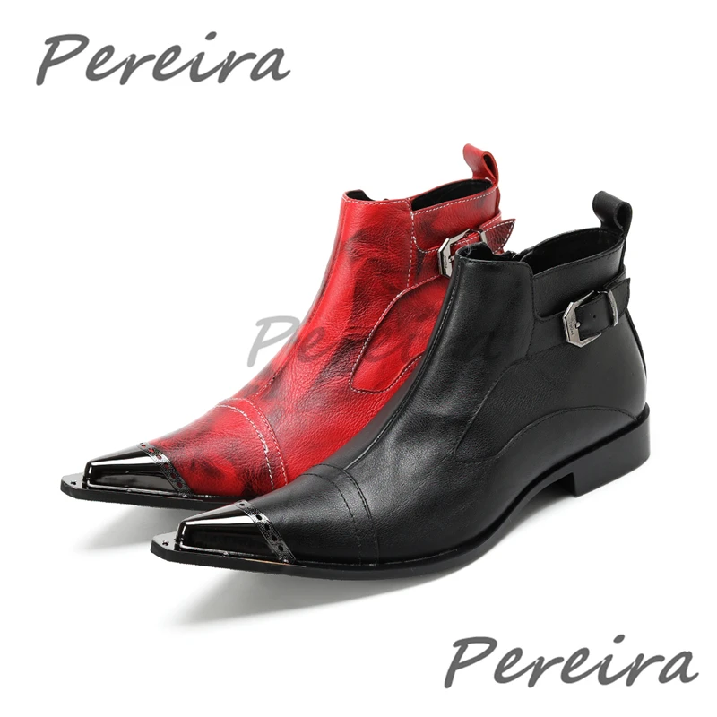 Red Black Iron Pointy Toe Men's Ankle Boots Fashion Belt Buckle Printed Genuine Leather Booties New Banquet Party Dress Shoes view 6
