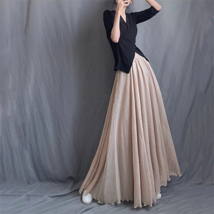 Artistic Cotton Linen Long A-Line Skirt Travel Casual Pure Color Fairylike Women's High Waist Midi Skirt Slimming Holiday Style