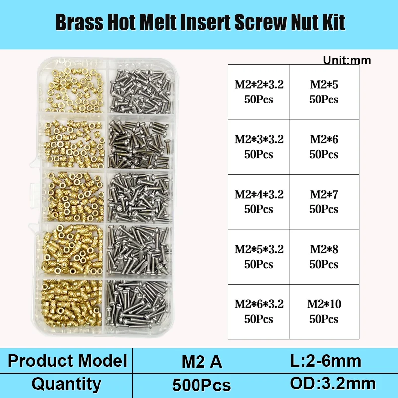 Messing-Einsatzmutter und Schrauben-Sortiment-Set, 260–500 Stück, M2, M3, M4, Hot-Melt-Einsatz, Rändelmutter, Injektions-Einbettungsmutter für 3D-Drucker – Detail 6