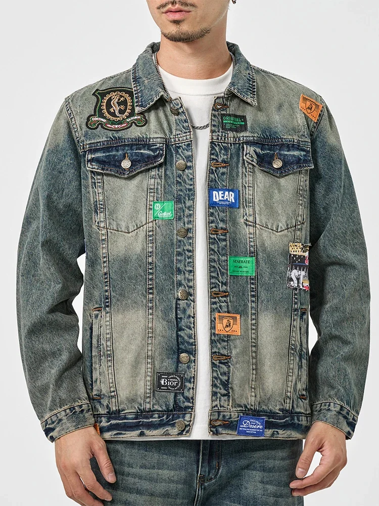 Korean version of the casual denim jacket men's personalized patchwork splicing high street tide retro loose top 7XL