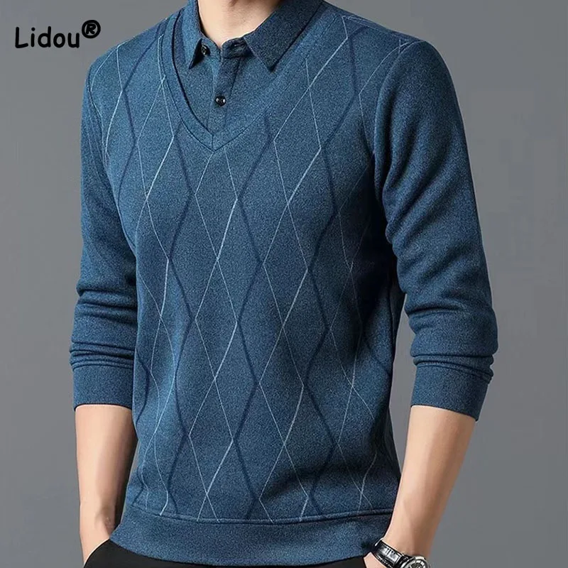 

Autumn Winter Men's Casual Fake Two Pieces Patchwork Sweaters Business Office Fashion Warm Plaid Polo-Neck Knitted Pullovers