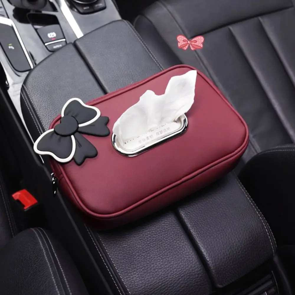

Durable PU Leather Car Tissue Box Bowknot with Fix Strap Car Napkin Holder Zipper Hanging Drawer Car Seat Back Organizer Armrest