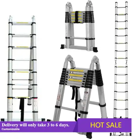 Ladders Telescoping A-Frame Extension Ladder with Stabilizer - 16.5 FT Aluminum, Rubber Feet - 330lb Load Capacity