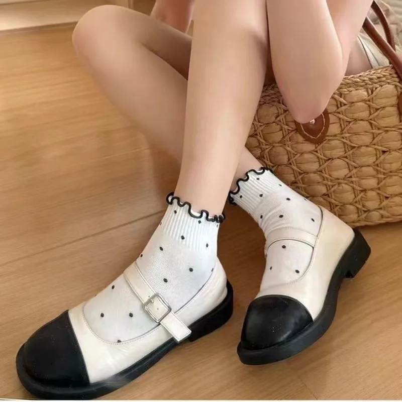 3 Pairs Random Color Ruffled Polka Dot Mid‑Calf Cotton Socks Macaron Light Tone Soft Breathable Autumn Winter Casual Home Studen