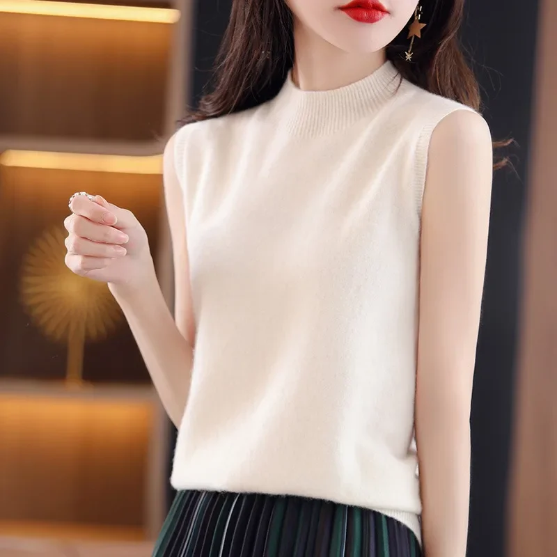 Women Sweater Casual Warm Spring Autumn Bottoming Shirts Mock Neck Basic Knitwear Sleeveless Pullovers Korean Fashion Jumper