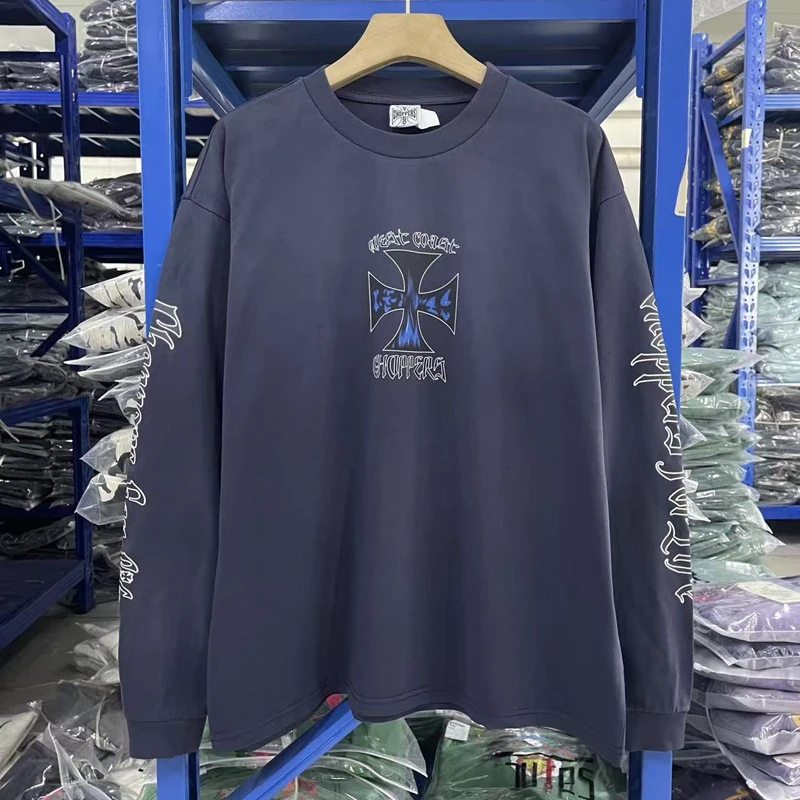 Motorcycle Cross Print Weat Coast Choppers Long Sleeve T Shirt Men Women Washed Blue Loose Vintage Round Neck T-shirt Tops Tee