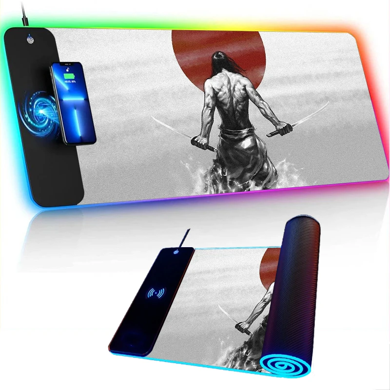 

RGB Gaming Room Decors Anime Mousepad Gamer 900x400 Speed Samurai Pad on the Table Wireless Charging Large Mouse Ninja Animes Xl