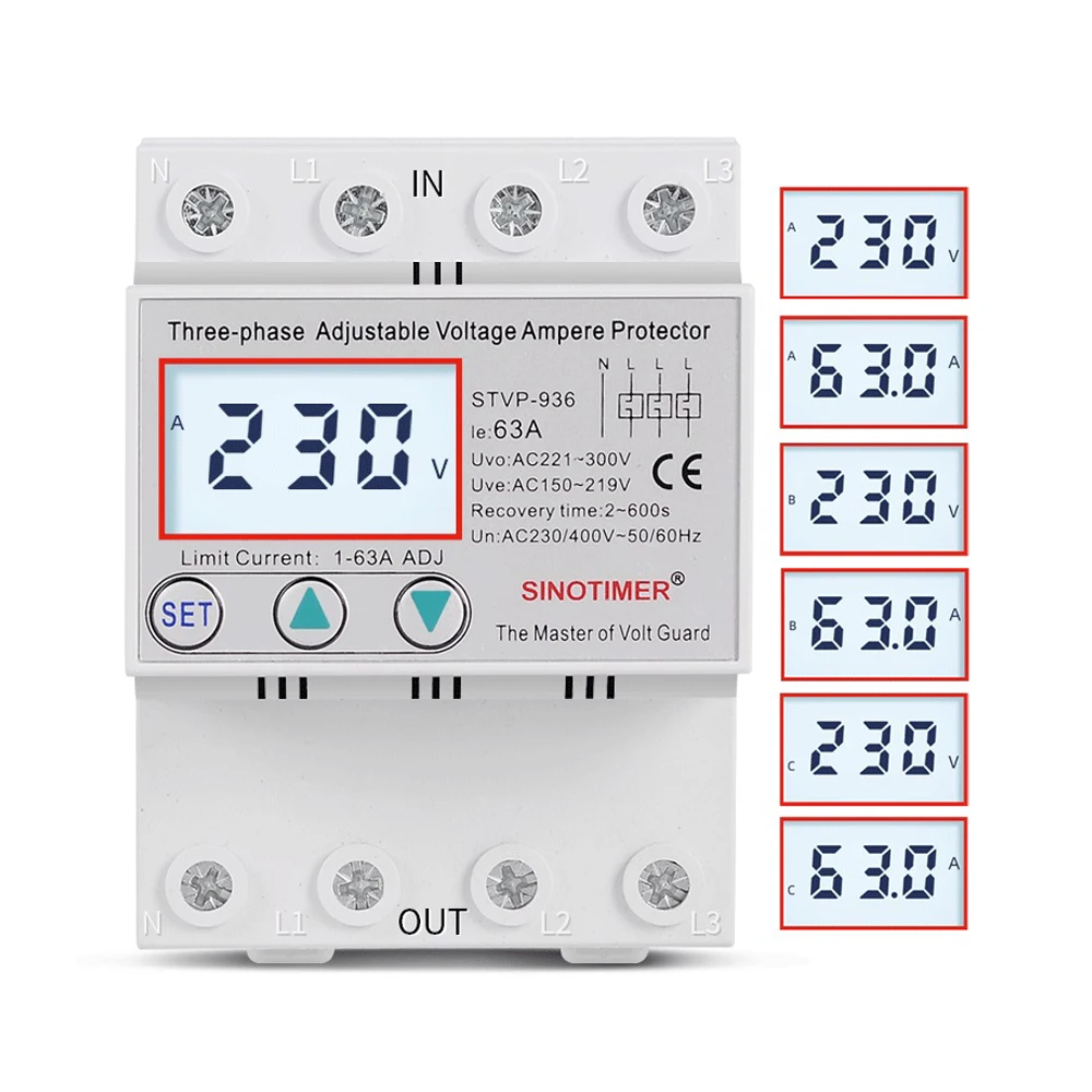 

STVP-936 3 Phase Over Under Voltage & Over Current Protector 380V 50A 63A 80A Multifunctional Automatic Recovery Voltage Relay