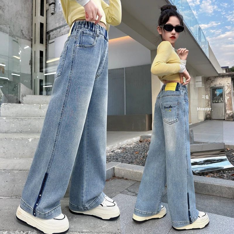 

2025 модные осенние джинсы с жемчугом для девочек-подростков, свободные прямые джинсовые брюки в уличном стиле, новые дизайнерские повседневные брюки для детей