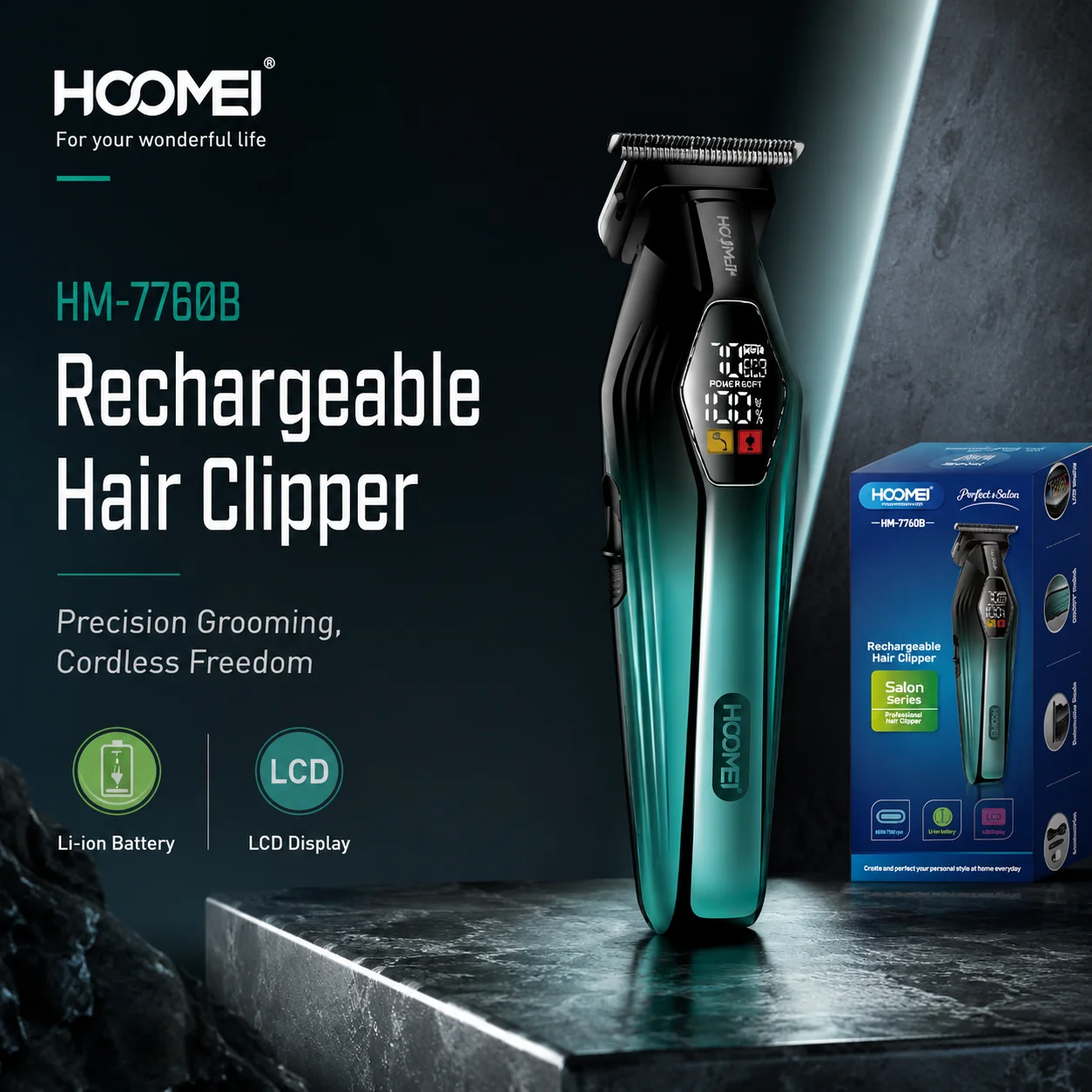 Tondeuse à cheveux professionnelle HOOMEI HM-7760B avec écran LCD, sans fil, rechargeable Type-C 1200 mAh, double vitesse