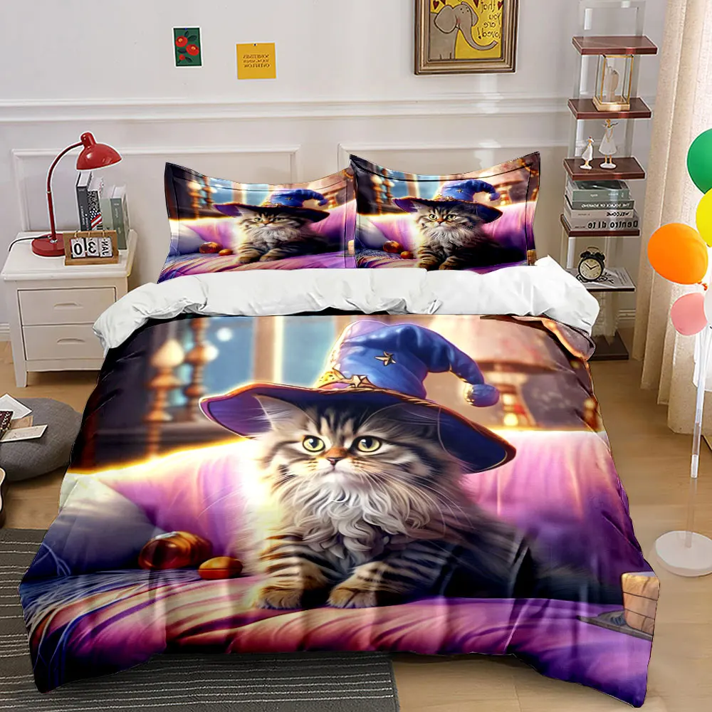 Magic hat cat gracefully seated Printed Duvet Cover Set1 Duvet Cover+2 PillowcaseMulti Size Bedroom Bedding Decor Luxury gift