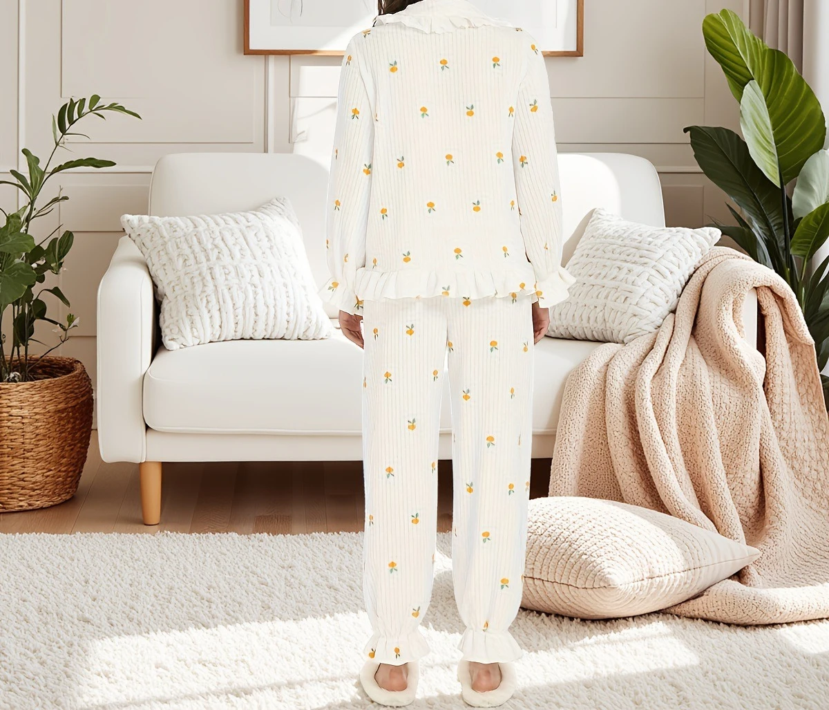 

Winter Warm Doll Collar Lace Splicing Double Pocket Cute Printed Black Fungal Edge Pajama Home Clothes for Women