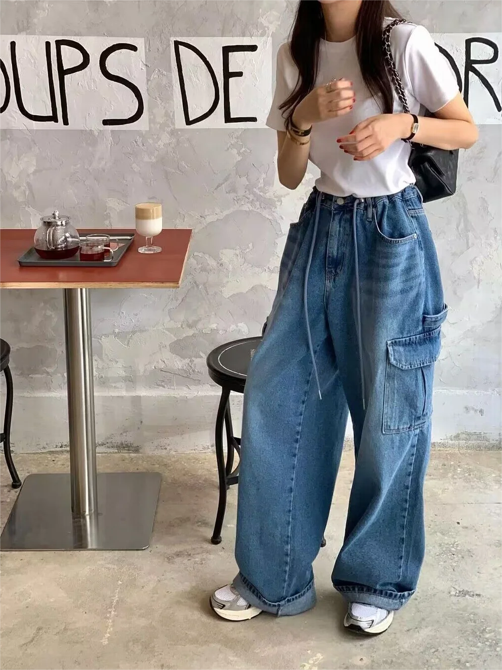 

Джинсы-карго с талией в стиле ретро, женские джинсы с завязками на талии, свободные широкие брюки, прямые повседневные длинные брюки