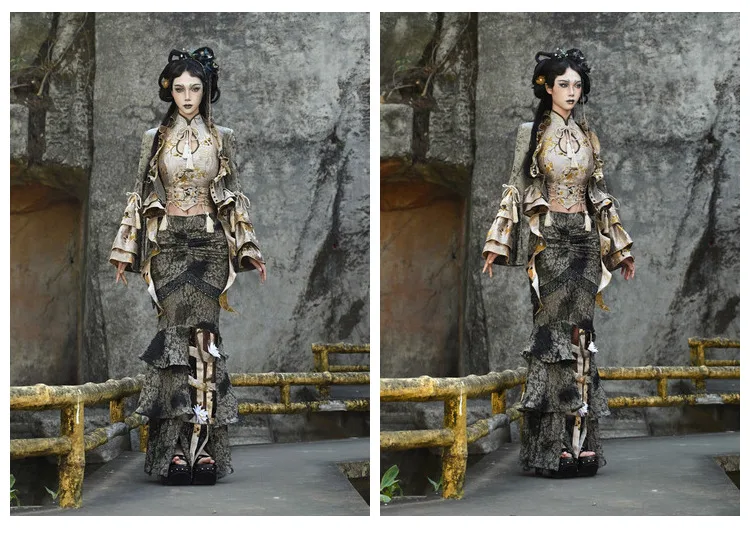 Chinese Tie-dye Slim Lace Fishtail Birdcage Skirt Spring Autumn Street Girls Age-reducing Fashion Fringed Long Irregular Skirts