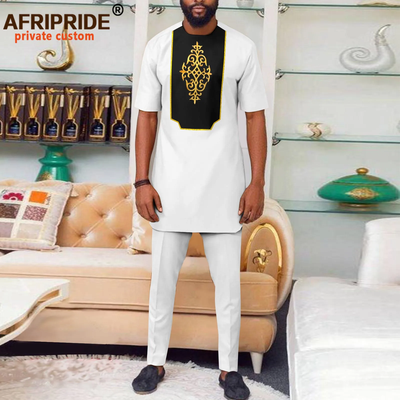 

Bazin Riche African Suits for Men Tribal Tracksuit Plus Size Short Sleeve Embroidery Blouse and Pants 2 Piece Set A2216075