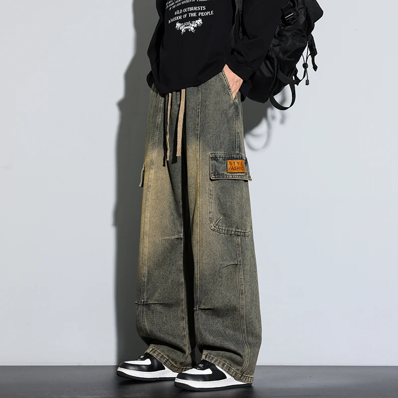 

American Sle Vintage Workwear Jeans Men's Loose Straight Leg Wide Leg Casual Long Pants Spring Autumn Trendy Brand