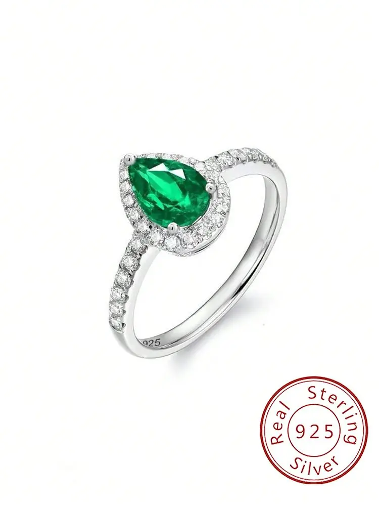 925 Sterling Silver Simple Green Color Water Drop Zircon Ring For Women Anniversary Party Creativity High Quality Fine Jewelry