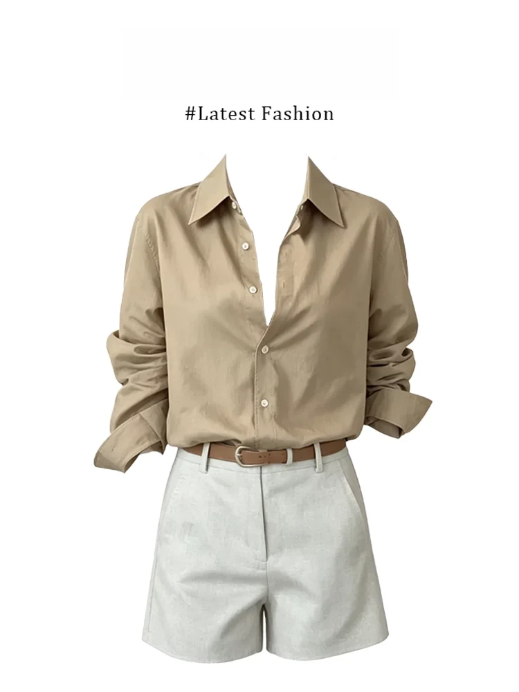 Slim Fit Long Sleeve Shirt And Shorts Set for Women Casual Style Summer New Arrival by MARIE.  Polyester Fiber 100%
