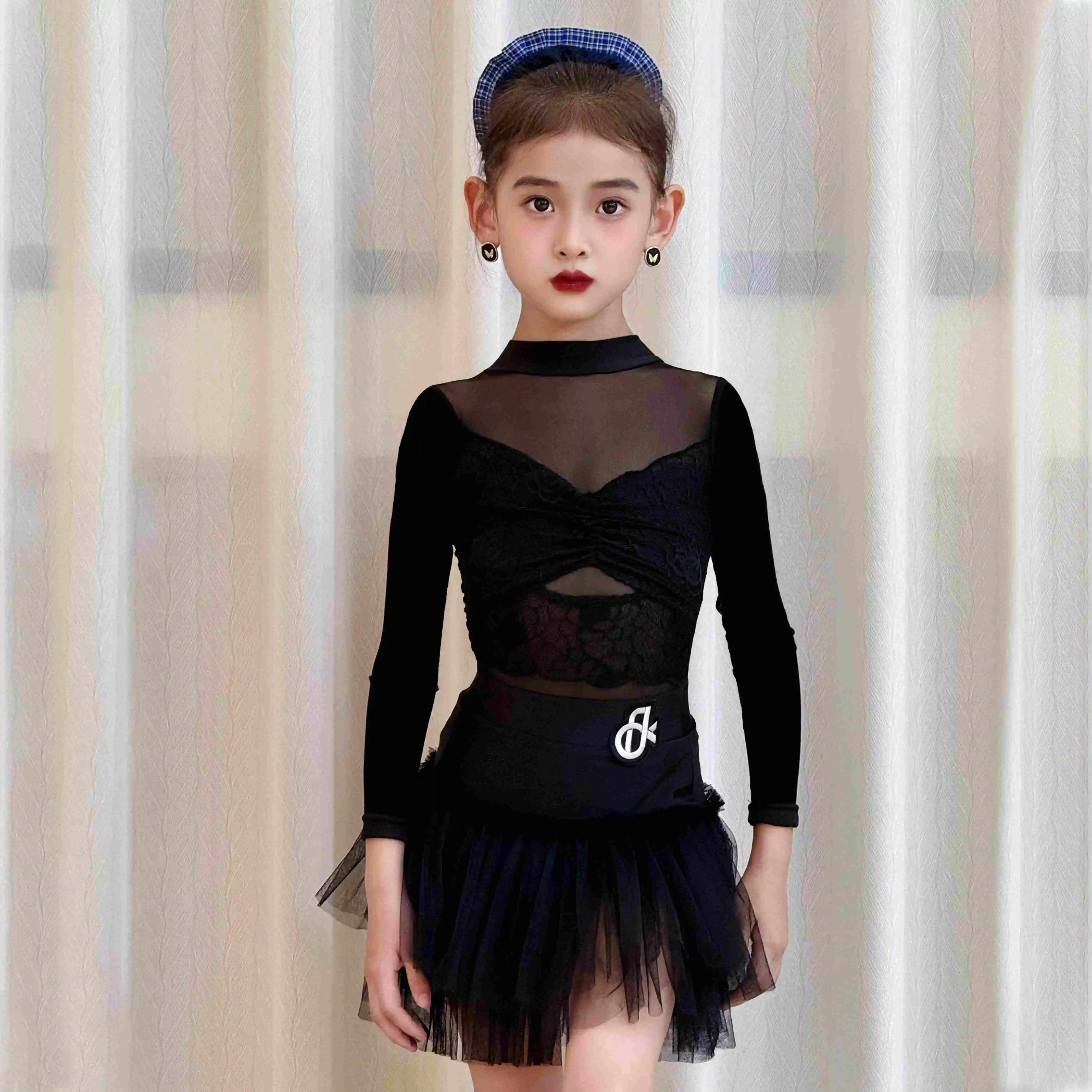 2025 vestido de dança latina chacha rumba roupas de dança malha saia superior trajes desempenho competição roupas palco wear dql11770