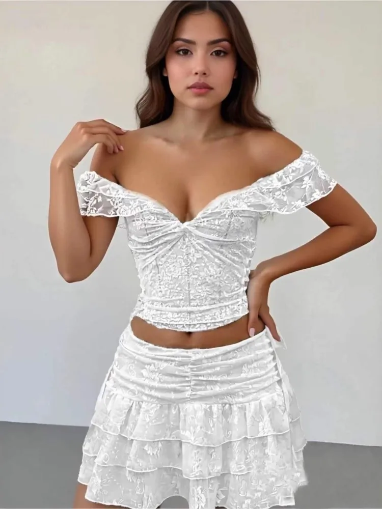 

Elegant 2 Piece Set Dresses Women Lace Crop Tops And Slim Mini Skirts Sexy Club Female Streetwear Sexy Club Matching Suit