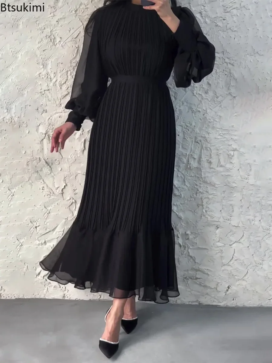 2024 Women\'s Long Pleated Party Dress Spring Ladies Round Neck Temperament Maxi Dress Elegant Casual Evening Dresses Robe Female