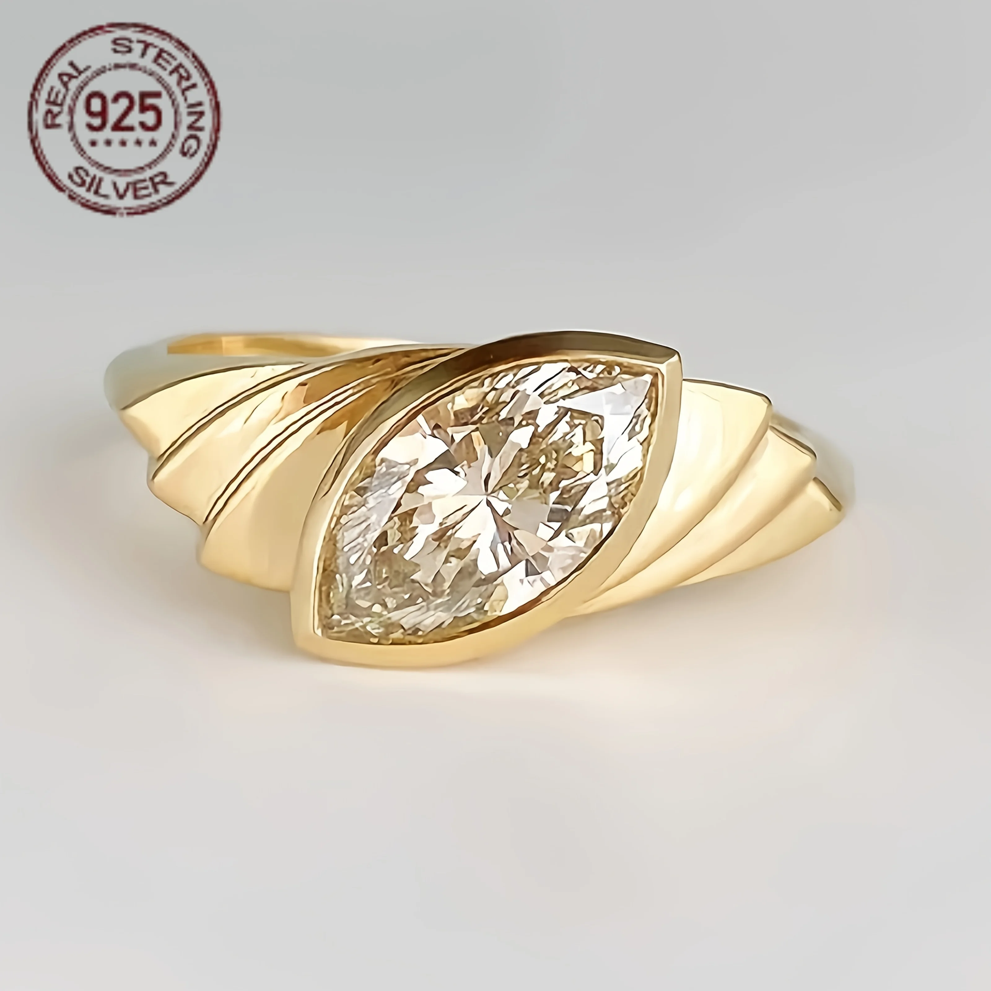 Art Deco Marquise Cut Diamond Zircon Ring 925 Silver Over Gold Plated Horse Eyes Retro Wedding Rings For Women Banquet Jewelry