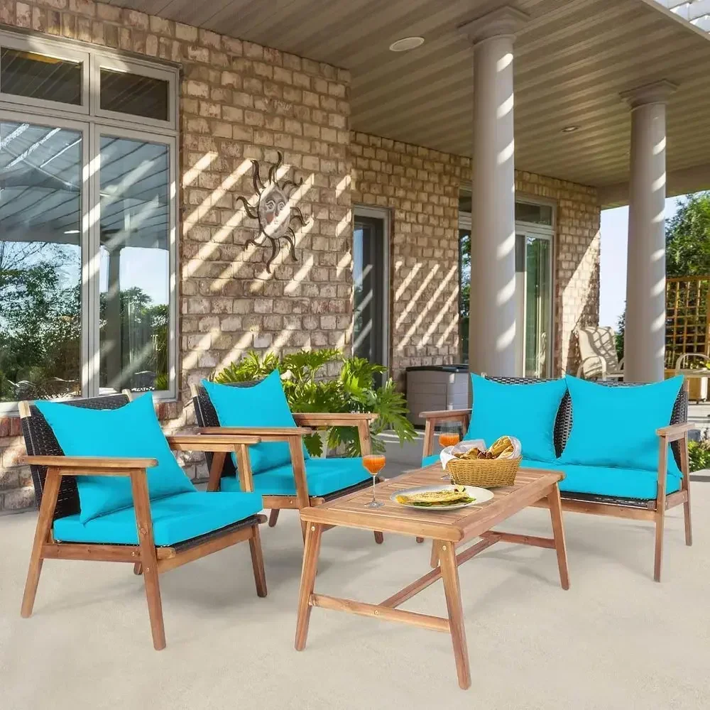 4-Piece Outdoor Acacia Wood Patio Furniture Set with Cushions and Coffee Table, Suitable for Garden, Poolside, and Backyard in T