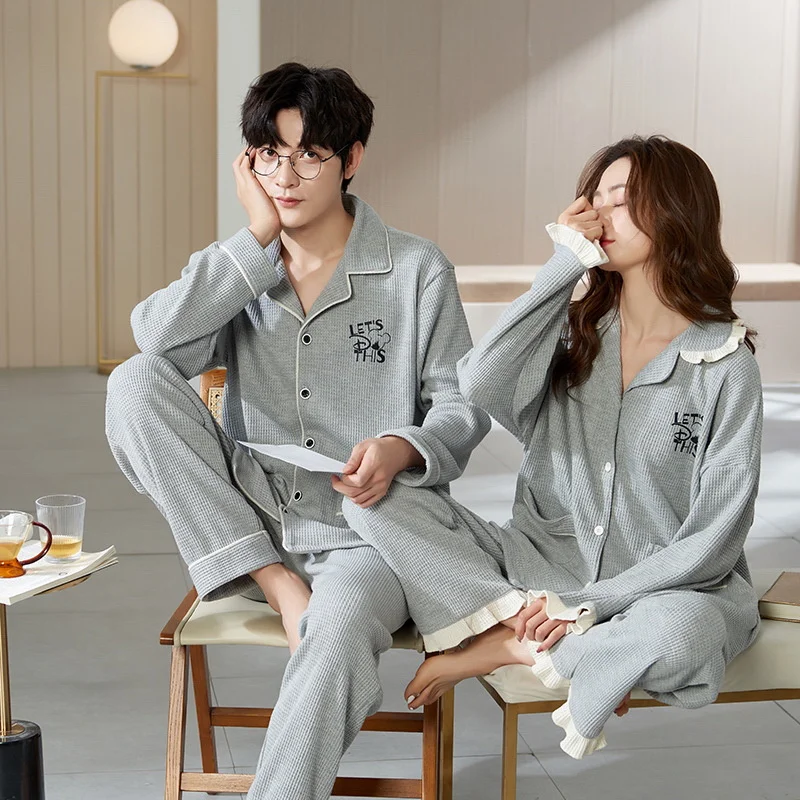 Spring Autumn Long-sleeved Korean Cardigan Cotton Sleepwear Two-piece Set Casual V-neck Cute Cartoon Loose Couples Pajamas