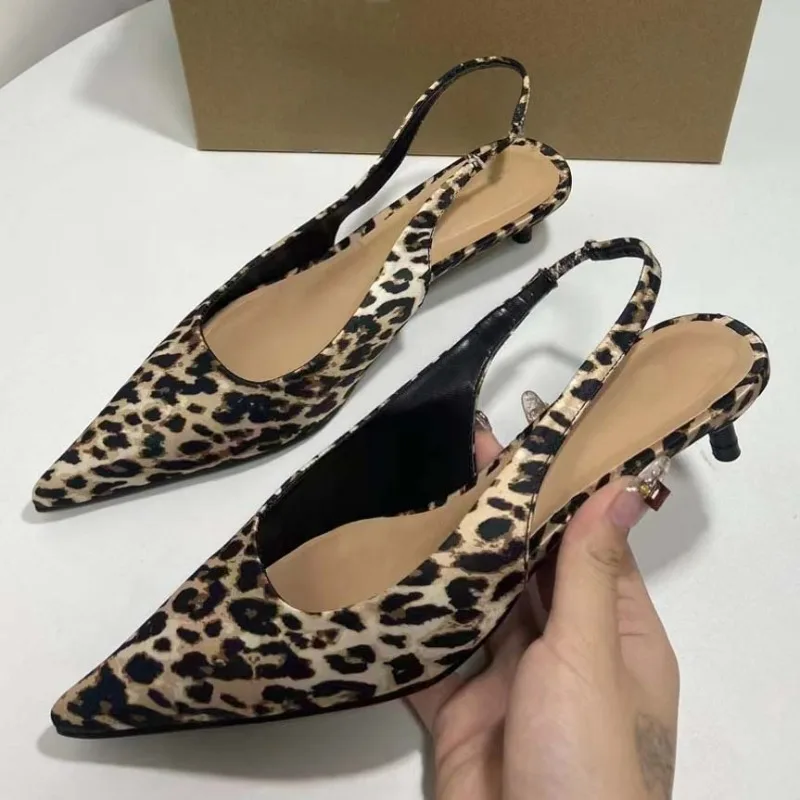 

Leopard Print Women's Sandals 2024 Summer Vintage Design Elegant Low Heel Slingbacks Sexy Shallow Party Office Lady Shoes