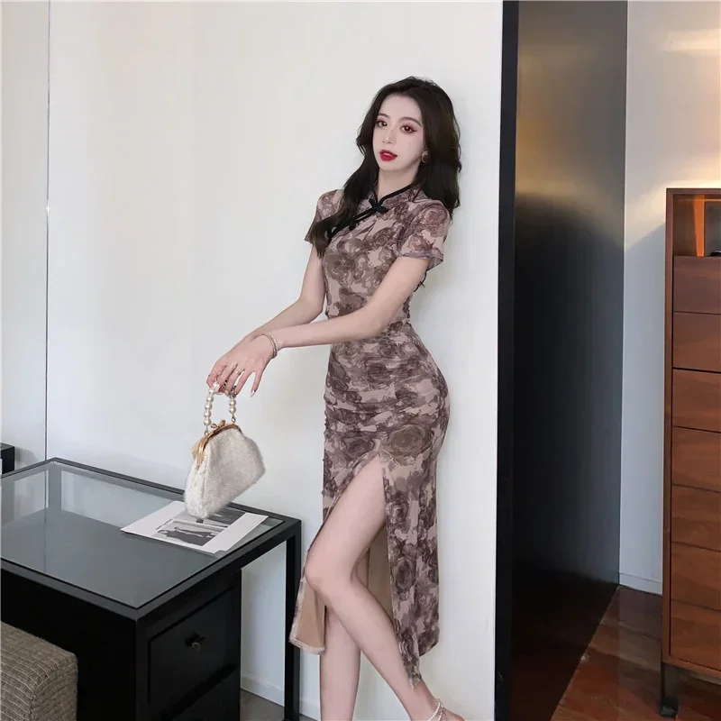 Hot Sexy Korean Women Tops 2023 Robe Sweet  Retro Cheongsam Summer High Slim Elegant Flower Long Maxi Dress  V637